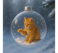 Cute Cat Christmas Glass Ornaments, Xmas Tree Kitten Ball Ornament, Vivid 3D Animal Decoration for Cats Lovers, Party Centerpiece Mantel, Fall Winter Home Decor (Orange cat)