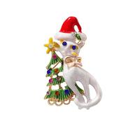 Cute Cat Christmas Tree Brooch - Enamel Santa Hat Feline Jewellery with CZ Crystals, Animal Kitten Festive Lapel Pin for Women Girls, Xmas Accessory Gift