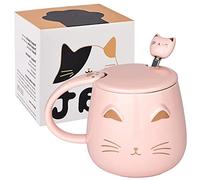 Cute Cat Coffee Mug Set With Lid and Kitty Spoon - Novelty Morning Tea Milk Mugs for Cat Lovers, Girls, Women - Christmas Birthday Gift 400ML/14oz (Pink)