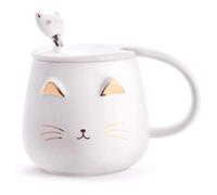 Cute Cat Coffee Mug Set With Lid and Kitty Spoon - Novelty Morning Tea Milk Mugs for Cat Lovers, Girls, Women - Christmas Birthday Gift 400ML/14oz (White)