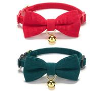 Cute Cat Collars With Bow,Quick Release Safty Buckle with Bells, Ideal for Christmas,Soft and Comfy Cordoroy Material in Red and Green Pack of 2