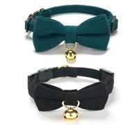 Cute Cat Collars With Bow,Quick Release Safty Buckle with Bells,Soft and Comfy Cordoroy Material in Black and Green Pack of 2