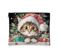Cute Cat Cosmetic Bag, Christmas Kitty Makeup Pouch for Women, Portable Canvas Zipper Organizer, Holiday Gift Toiletry Bag, Black, 7x9 Inch, Cat