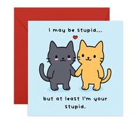 Cute Cat Couple Greeting Card - At Least I’m Your Stup*d” - Romantic Love Card for Boyfriend, Girlfriend, Partner, Spouse, Wife, Husband, Fiance, Babe, Him, Her - Anniversary and Valentines Day Ideas