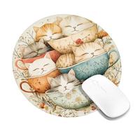 Cute Cat Cups Mouse Pad, Fanciful Pastel Kittens Design, Floral Spring Mousepad, Soft Non-Slip Gaming Mouse Mat for Office and Home Use Round 8x8 Inch