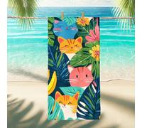 Cute Cat Design Beach Towel Tropical Foliage Microfiber Quick Dry Sand Free Bath Towel, Lightweight Absorbent Beach Blanket for Vacation Picnic Pool Gym Outdoor Travel Essentials 62x31 Inch