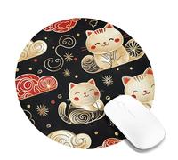 Cute Cat Design Mouse Pad, Red Gold Cute Cats and Clouds Pattern Non-Slip Gaming Mousepad, Stylish Rubber Washable Desk Mouse Pad for Home and Office Use Round 8x8 Inch
