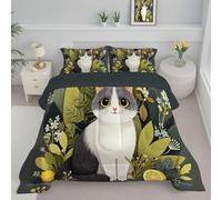 Cute Cat Double Duvet, Reversible Coverless Simple Lemon Plant Duvet Washable, Olive Green Bed Quilt For All Seasons - Lightweight Soft Comforter Bedding With Pillowcases