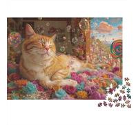 Cute Cat Dreaming 1000 Piece Jigsaw Puzzles Orange Cat with Flowers Adults Aged 12 And Above Educational Game Home Decoration Difficult Challenging Male And Female Birthday 52x38cm/1000pcs Gifts