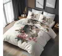 Cute Cat Duvet Cover Super King Size 3 Piece with 2 Pillowcases, Artistic Pink Floral Patterned Bedroom Decor Bedding, Soft Microfibre Quilt Cover with Zip OL#153