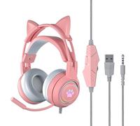 Cute Cat Ear Headset with Mic, Wired Over Ear Headset, Detachable Cat Ears, Neon Light Effect, Adaptive Headband, 50mm Speaker, Single 3.5mm Plug, Compatible with PC/Laptop/PS/Xbox/NS (Pink)