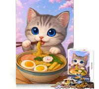Cute Cat Eating Ramen Illustration Jigsaw Puzzles for Adults 1000 Piece Mindful Game Clean Cut Happy Challenge Birthday Present (38x26cm)