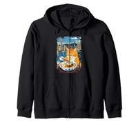 Cute Cat Eating Ramen Retro Japanese Art Hong Kong City Food Zip Hoodie