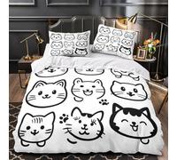 cute cat faces 3D Print Comforter Cover 3pcs Ultra-Soft Microfibre Skin-Friendly cartoon doodle Quilt Cover 2 Pillow Shams Zippered Closure Machine Washable Kids & Teens Super king（260x220cm）