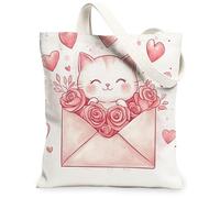 Cute Cat Floral Canvas Tote Bags, Adorable Kitty Rose Pattern Reusable Bags, Valentine's Day Lightweight Washable Canvas for Travel Picnic 13x15 Inch