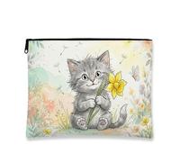 Cute Cat Floral Makeup Bag, Vintage Yellow Daffodil Cosmetic Organizer for Women, Portable Canvas Zipper Pouch, Spring Travel Toiletry Bag, Gray, 7x9 Inch, Floral