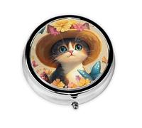 Cute Cat Flower Butterfly Round Pill Box with 3 Compartments, Mini Metal Pill Organizer for Purse or Pocket, Lightweight Portable for Daily Use Gifts Travel