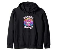 Cute Cat Girl Turning 7 Rainbow Kitty Birthday Zip Hoodie