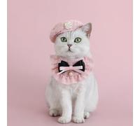 Cute Cat Hat and Bow Tie Set - Pink Beret with Black Bow Tie & Pearl, Adjustable Collar for Cats & Kittens, Pet Birthday Party Accessories, Comfortable Soft Pet Fashion (Pink with Black Bow)