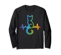 Cute Cat Heartbeat Silhouette Rainbow Cats Lovers Men Women Long Sleeve T-Shirt