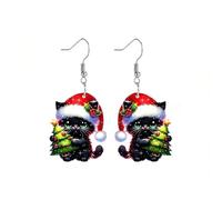 Cute Cat Holding Christmas Tree Xmas Earring for Women Lightweigh Acrylic Funny Design Lovely Kitten Wearing Christmas Hat Dangle Drop Earrings Winter Festival Jewelry for Party Stocking Stuffer