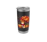 Cute Cat Holding Iced Coffee Under Fall Tree Autumn Cat Leaf Stainless Steel Insulated Tumbler