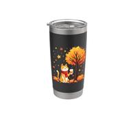 Cute Cat Holding Iced Coffee Under Fall Tree Autumn Cat Leaf Stainless Steel Insulated Tumbler