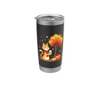 Cute Cat Holding Iced Coffee Under Fall Tree Autumn Cat Leaf Stainless Steel Insulated Tumbler