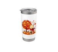 Cute Cat Holding Iced Coffee Under Fall Tree Autumn Cat Leaf Stainless Steel Insulated Tumbler