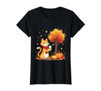 Cute Cat Holding Iced Coffee Under Fall Tree Autumn Cat Leaf Value Graphic T-Shirt, Women, Black, L