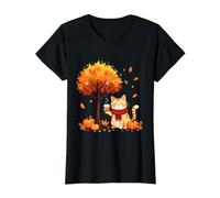 Cute Cat Holding Iced Coffee Under Fall Tree Autumn Cat Leaf Value Graphic T-Shirt, Women, Black, L