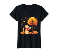 Cute Cat Holding Iced Coffee Under Fall Tree Autumn Cat Leaf Value Graphic T-Shirt, Women, Black, S