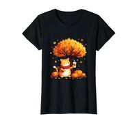 Cute Cat Holding Iced Coffee Under Fall Tree Autumn Cat Leaf Value Graphic T-Shirt, Women, Black, XL