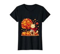 Cute Cat Holding Iced Coffee Under Fall Tree Autumn Cat Leaf Value Graphic T-Shirt, Women, Black, XS