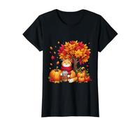 Cute Cat Holding Iced Coffee Under Fall Tree Autumn Cat Leaf Value Graphic T-Shirt, Women, Black, XS