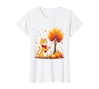 Cute Cat Holding Iced Coffee Under Fall Tree Autumn Cat Leaf Value Graphic T-Shirt, Women, White, L