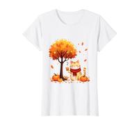 Cute Cat Holding Iced Coffee Under Fall Tree Autumn Cat Leaf Value Graphic T-Shirt, Women, White, L