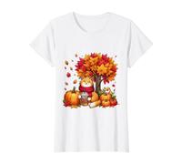 Cute Cat Holding Iced Coffee Under Fall Tree Autumn Cat Leaf Value Graphic T-Shirt, Women, White, S