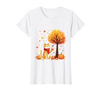 Cute Cat Holding Iced Coffee Under Fall Tree Autumn Cat Leaf Value Graphic T-Shirt, Women, White, S