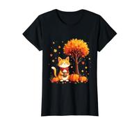 Cute Cat Holding Iced Coffee Under Fall Tree Autumn Season Value Graphic T-Shirt, Women, Black, M