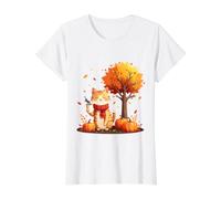 Cute Cat Holding Iced Coffee Under Fall Tree Autumn Season Value Graphic T-Shirt, Women, White, L