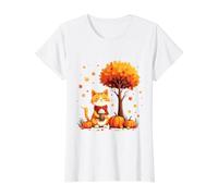 Cute Cat Holding Iced Coffee Under Fall Tree Autumn Season Value Graphic T-Shirt, Women, White, S