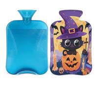Cute Cat Hot Water Bottle with Cover, Halloween Pumpkin Bat 2L Hot Water Bag for Pain Relief, Neck Soft and Shoulder, Hand Feet Warmer, Hot and Cold Compress for Adult Kids