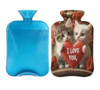 Cute Cat Hot Water Bottle with Cover, Red Love Rose 2L Hot Water Bag for Pain Relief, Neck and Shoulder, Hand Feet Warmer
