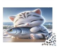 Cute Cat Hugging Fish 1000 Pieces Jigsaws for Adults 14+, Premium Cardboard, Cat Fish Beach, Challenging Brain Teaser, Home Wall Art Decor 52x38cm/1000pcs