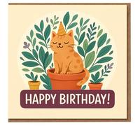 Cute Cat in Plant Pot Birthday Card - Ginger Cat with Party Hat and Leafy Plants - 'Happy Birthday!' Lover Card for Kids, Adults, Friends