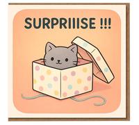 Cute Cat in Spotty Gift Box Birthday Card - 'SURPRIIISE !!!' - Fun Cartoon Kitty Surprise Design for Friends, Family & Cat Lovers