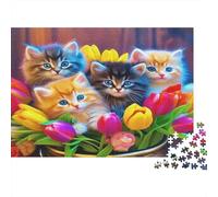 Cute Cat Jigsaw Puzzle Kittens Tulips Group 1000 Pieces 100% Recycled Board for Couples Logic Skill Party Game 38x26cm/1000pcs