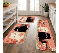 Cute Cat Kitchen Mats for Floor, Adorable Kittens Floral Design Soft Mats, Cushioned Comfort Washable Non Slip Decor Rugs for Kitchen Sinks Laundryroom Bathroom 3Pcs