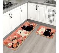 Cute Cat Kitchen Mats for Floor, Adorable Kittens Floral Design Soft Mats, Cushioned Comfort Washable Non Slip Decor Rugs for Kitchen Sinks Laundryroom Bathroom 2PCS